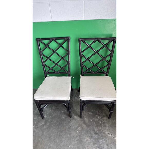 Pair Black Faux Bamboo Chinese Chippendale Chairs Rattan Accent Chinoiserie - Picture 1 of 7